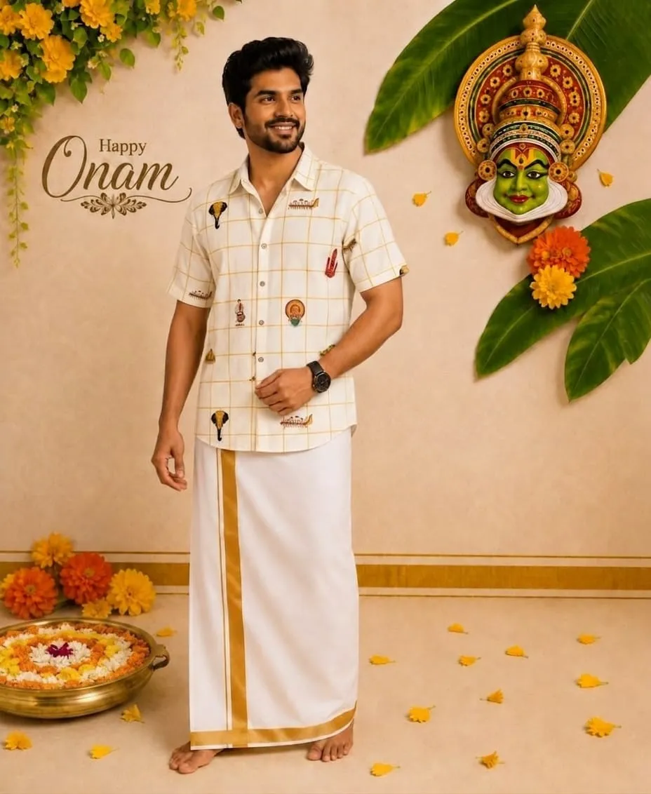 Onam Ivory Gold Check Motif Kasavu Cotton Men's Dhoti Set
